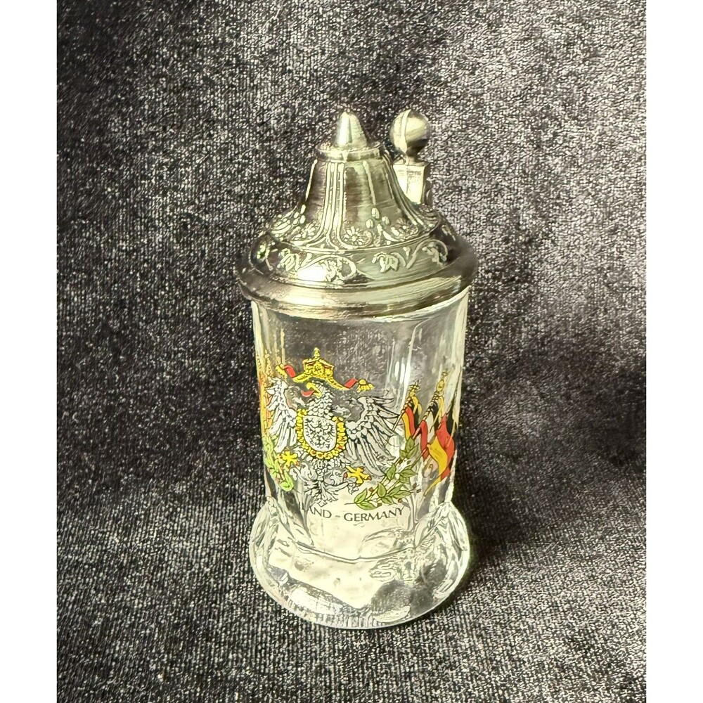 Beer Stein Germany Deutschland Mini Lidded Crest Flags Clear Glass Pewter BMF